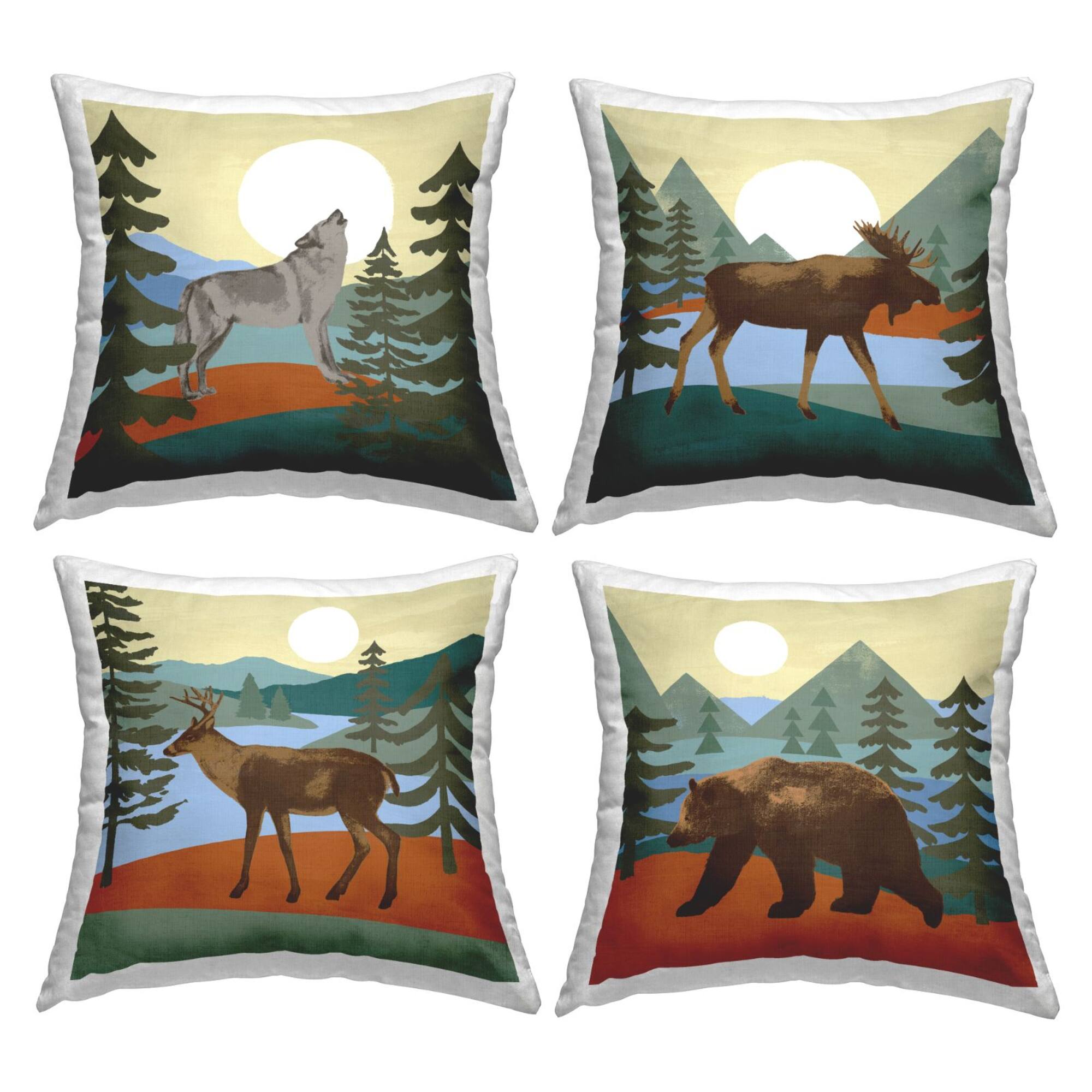 Stupell Industries Rustic Woodland Wildlife Silhouette Mountain Animals 4 Pillow Set, 18" x 18"